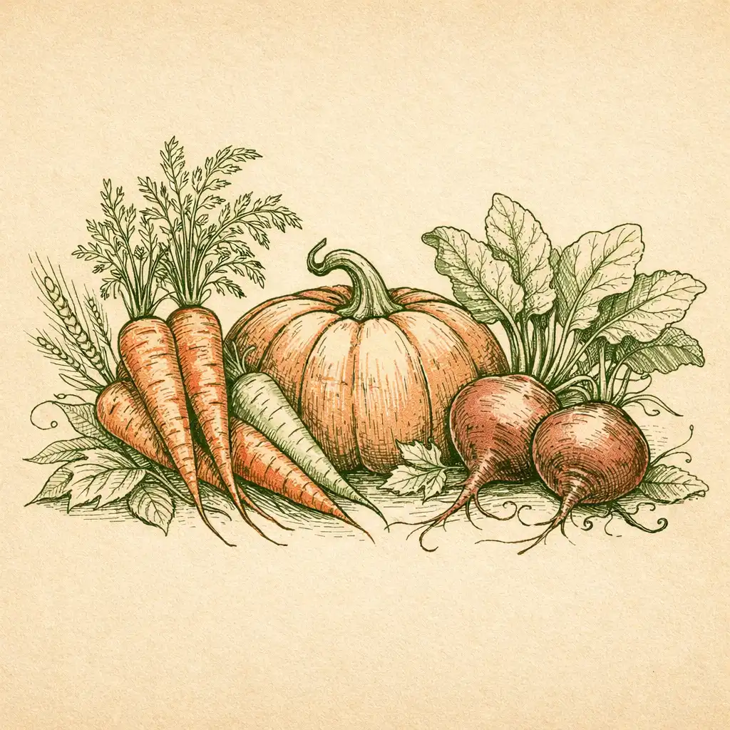 Botanical line drawing of autumn vegetables including pumpkin, heirloom carrots, and beetroot