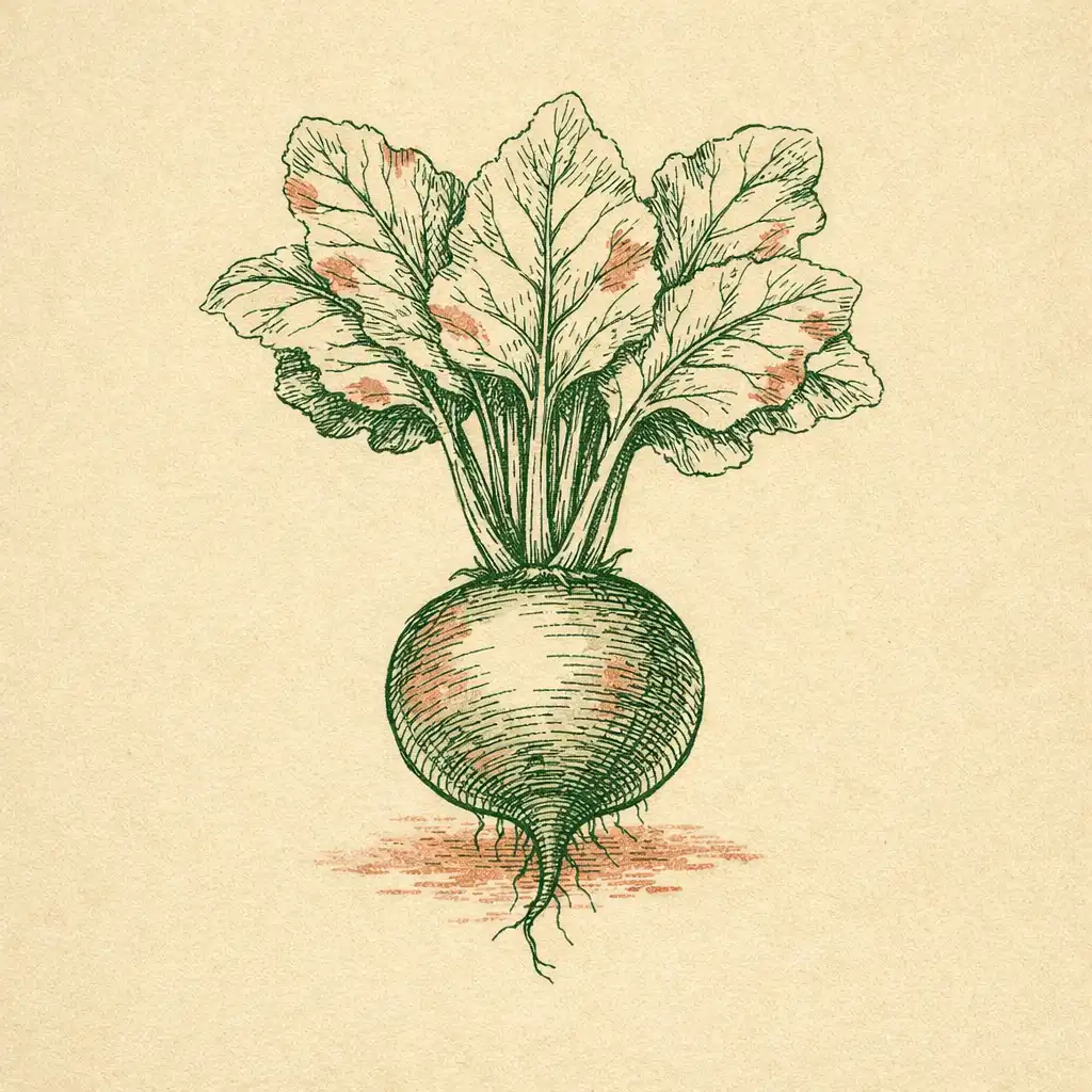 Botanical line drawing of a beetroot with leafy tops