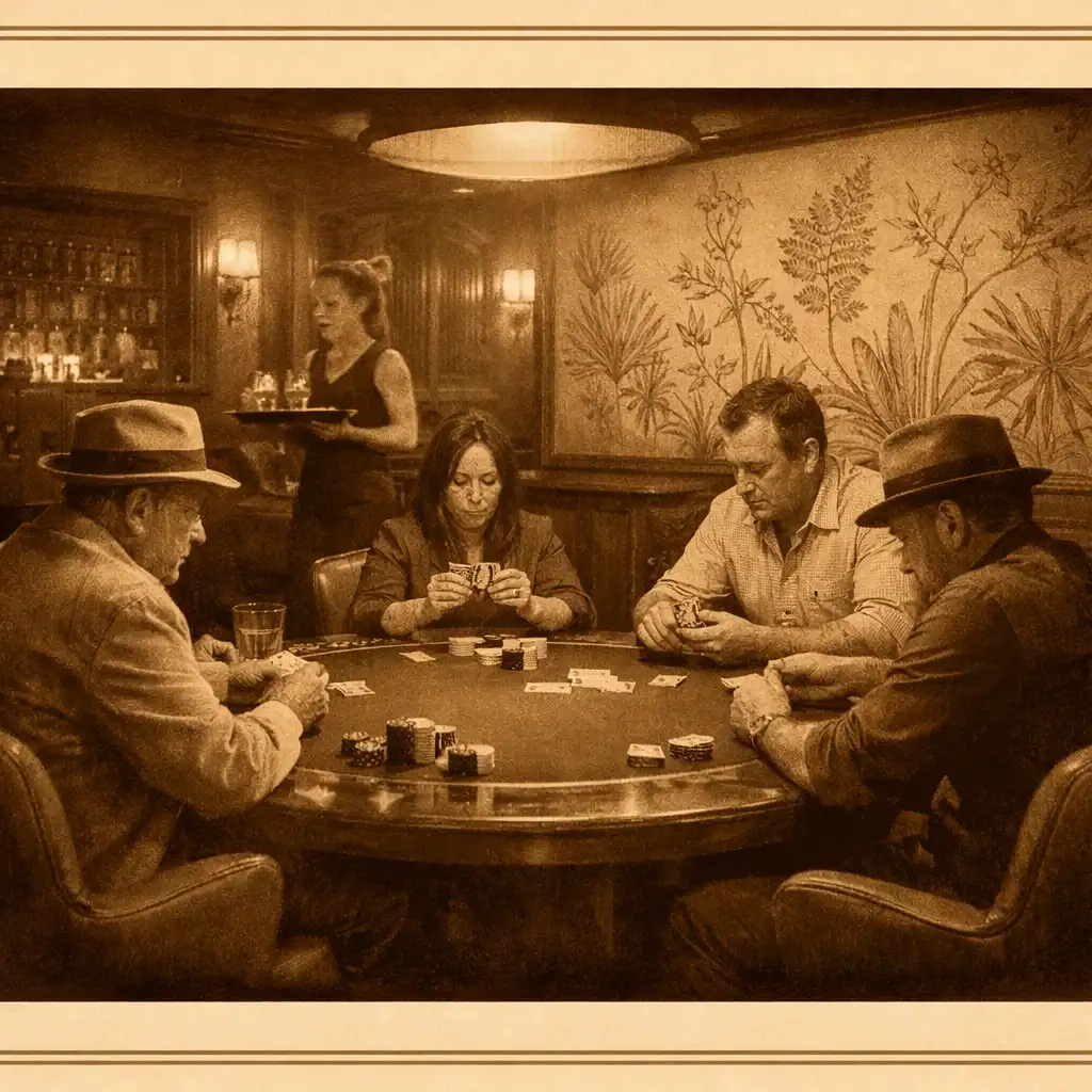 Warmly lit card room at Luck & Cinder with players seated around a green felt poker table, botanical line drawings on the walls, and a server in the background