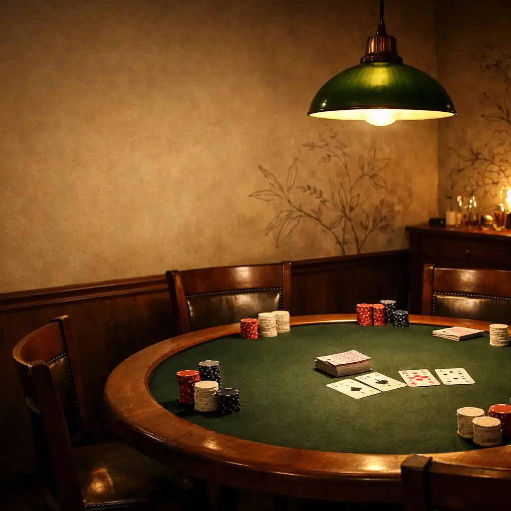 Round felt-topped poker table with wooden chairs, cards, and chips in the Luck & Cinder card room