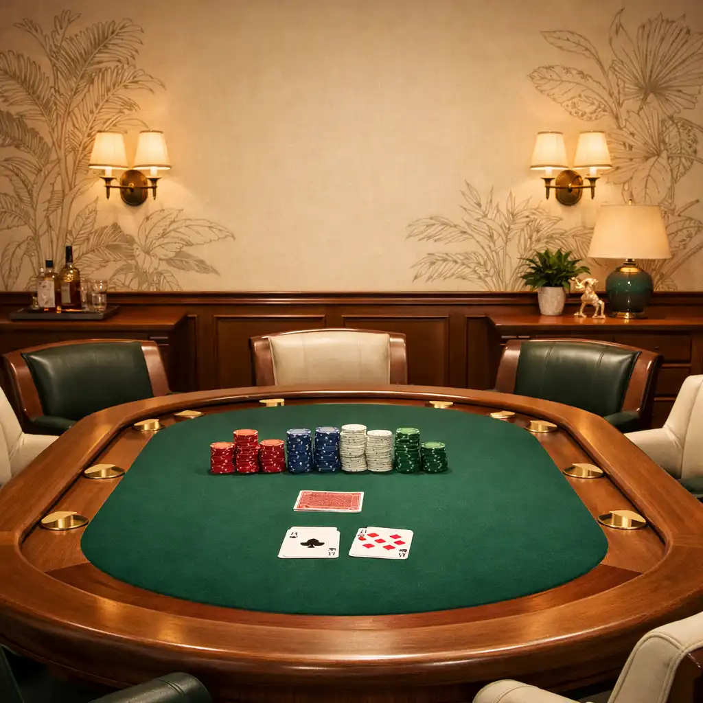 Interior of the Luck & Cinder card room with a green felt poker table and chairs