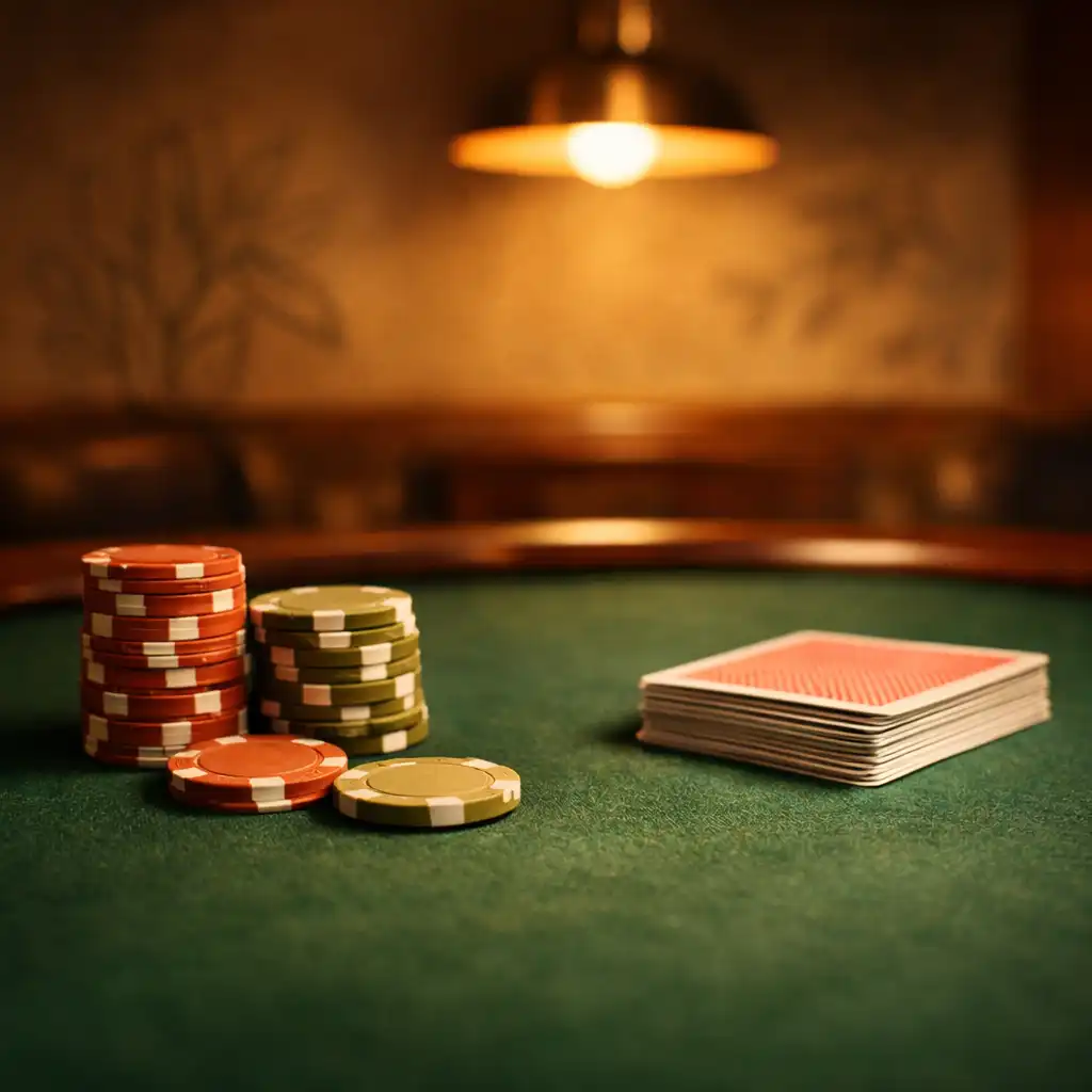 A close-up of a physical poker table with forest green felt, neatly stacked clay chips, and a fanned deck of cards, softly lit by a pendant lamp