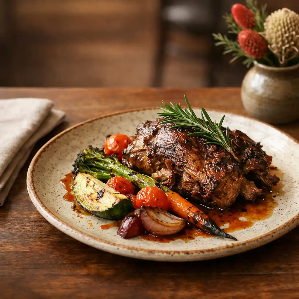 Slow-roasted lamb shoulder with charred seasonal vegetables on a rustic ceramic plate