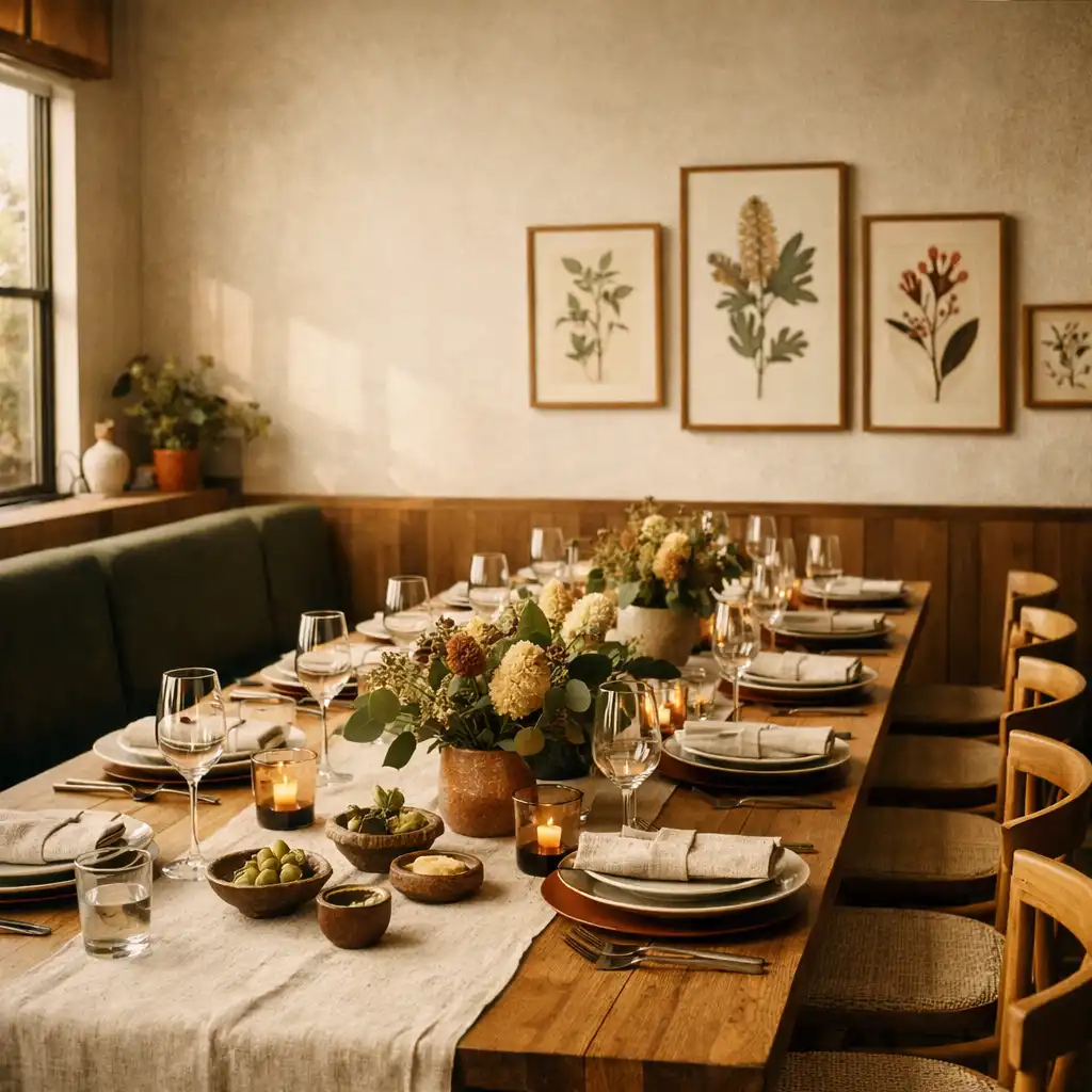 Long wooden dining table set with linen, ceramic plates, and botanical centrepieces in the Luck & Cinder dining room