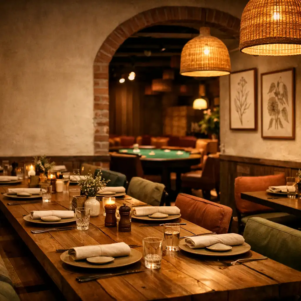 Warm interior of Luck & Cinder with communal tables and a glimpse of the poker lounge through an archway