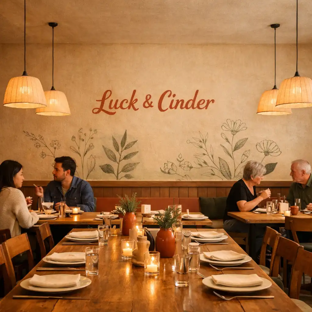 Main dining area with communal tables and pendant lighting