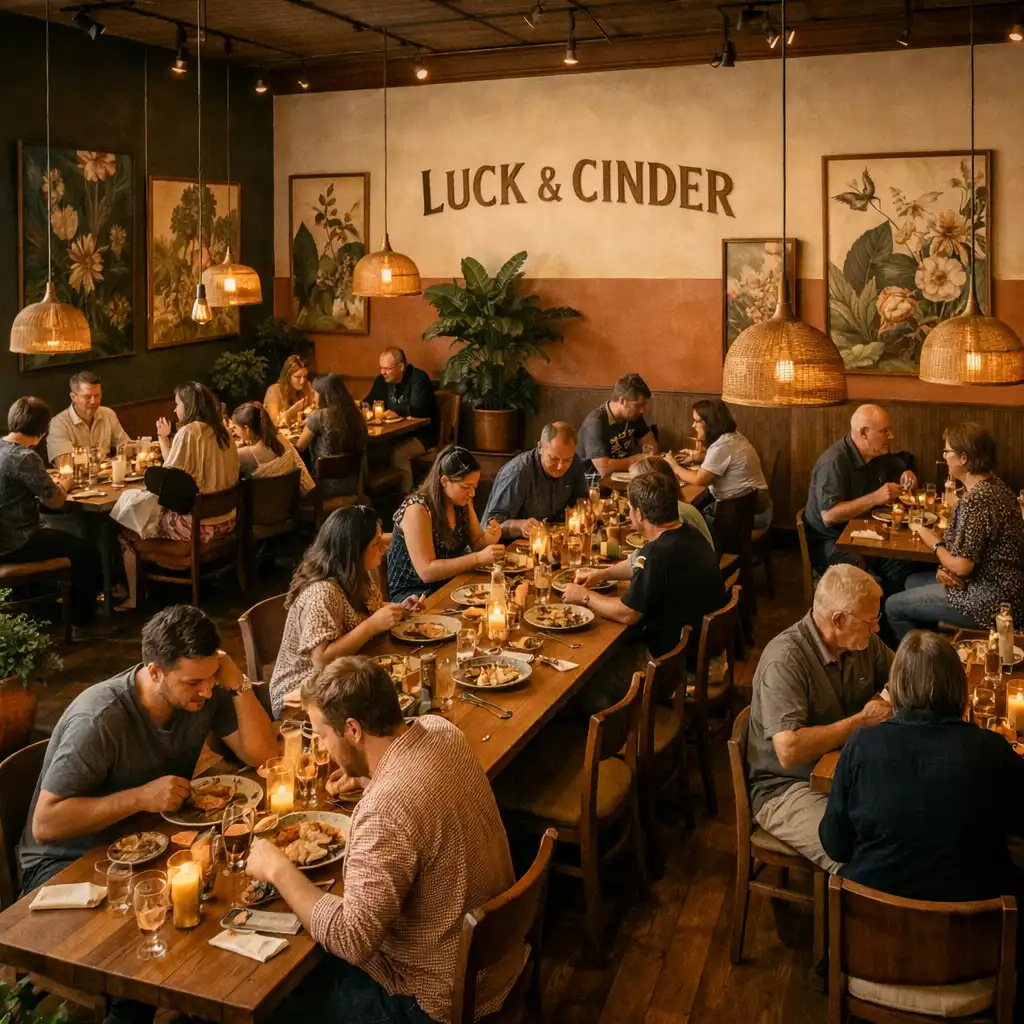 Wide view of the main dining room with communal tables and botanical artwork