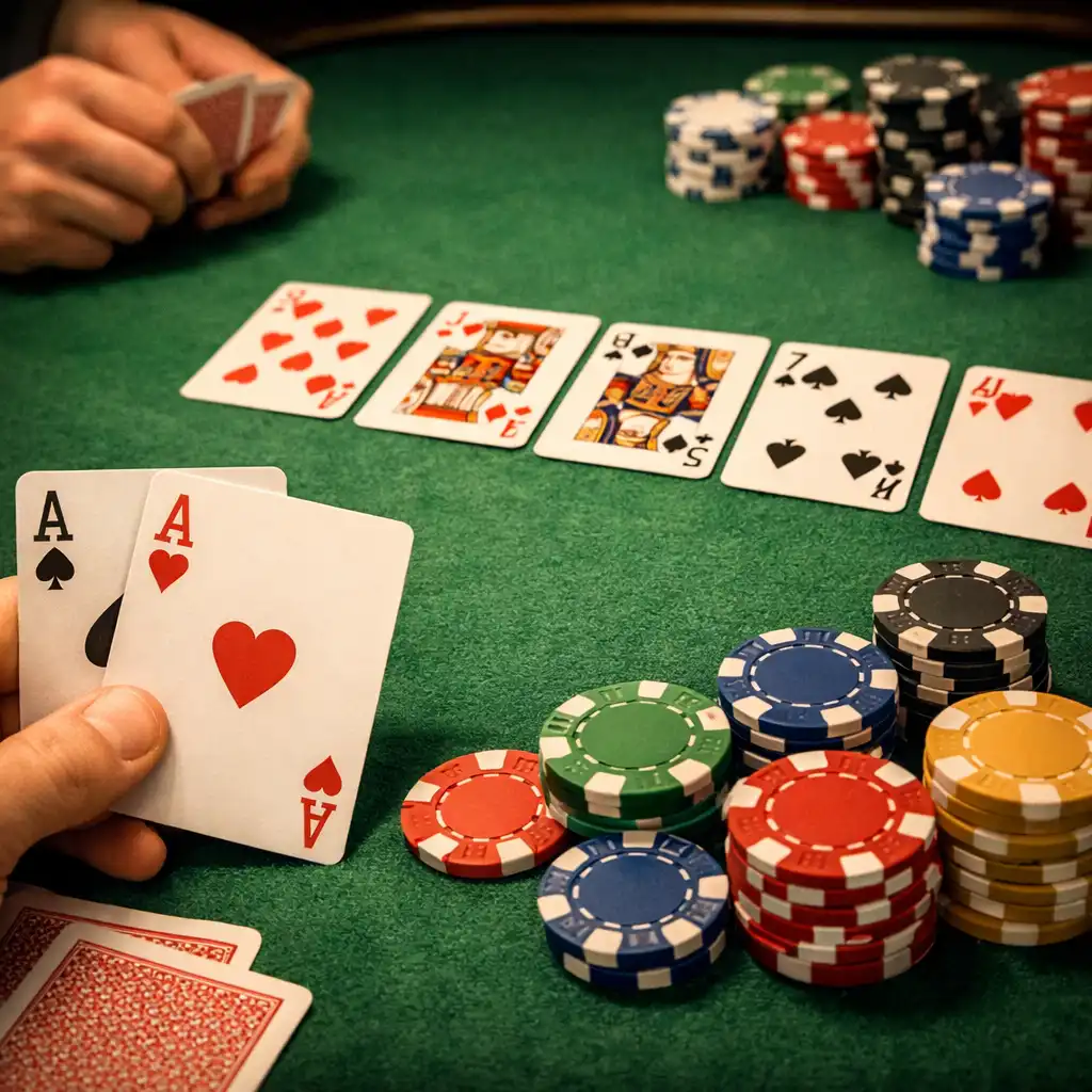 Close-up of a poker table with cards and chips