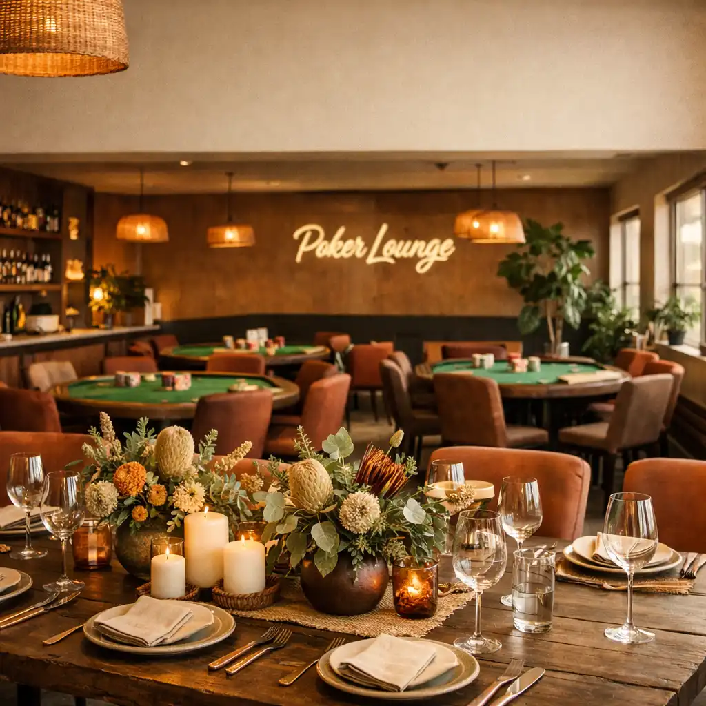 Warm interior of Luck & Cinder with a communal dining table in the foreground and poker tables in the background