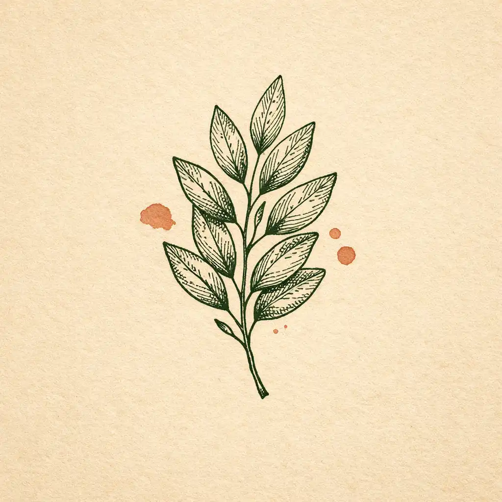 Decorative botanical line drawing of a single eucalyptus leaf