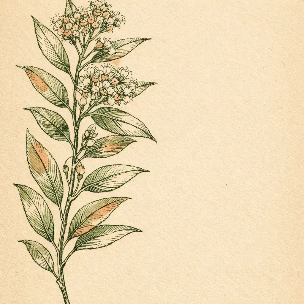 Botanical line drawing of a lemon myrtle branch with leaves and small white flowers