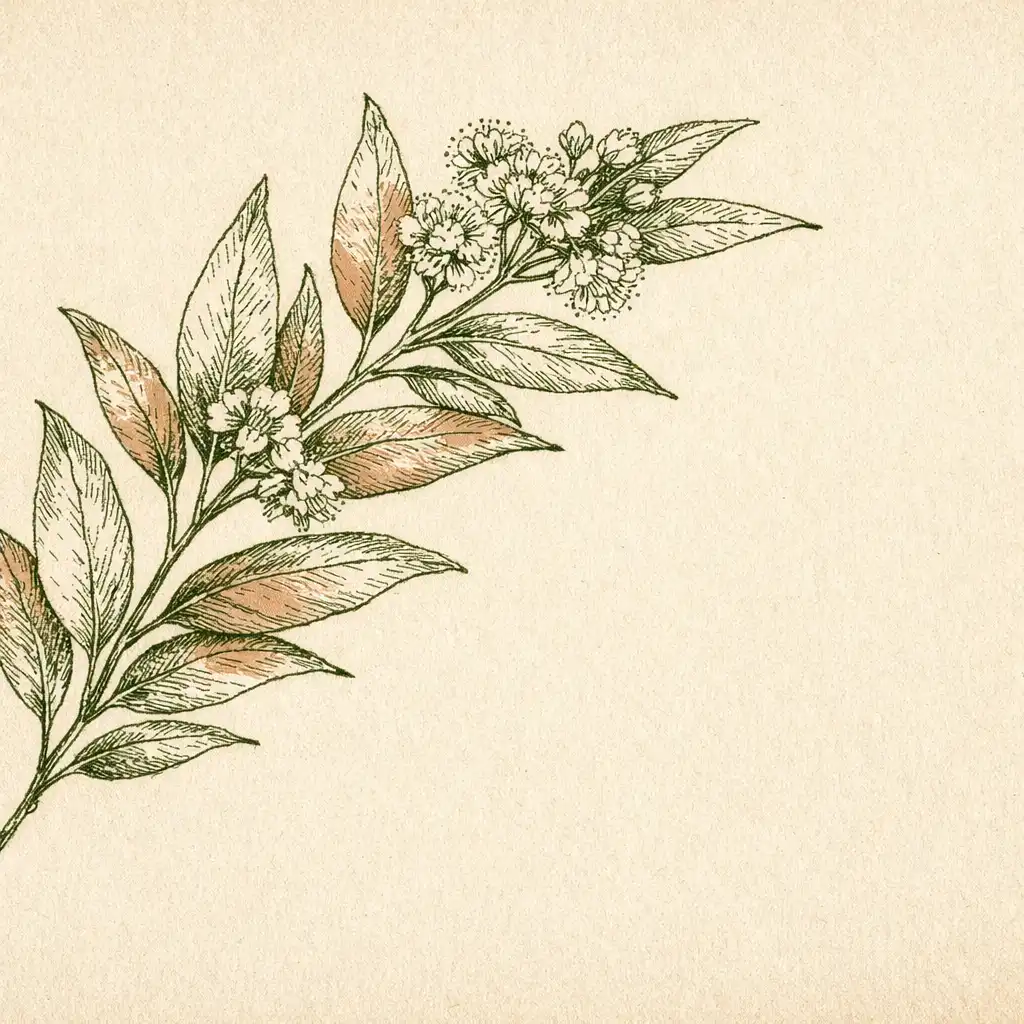 Botanical line drawing of a lemon myrtle branch with leaves and small white flowers