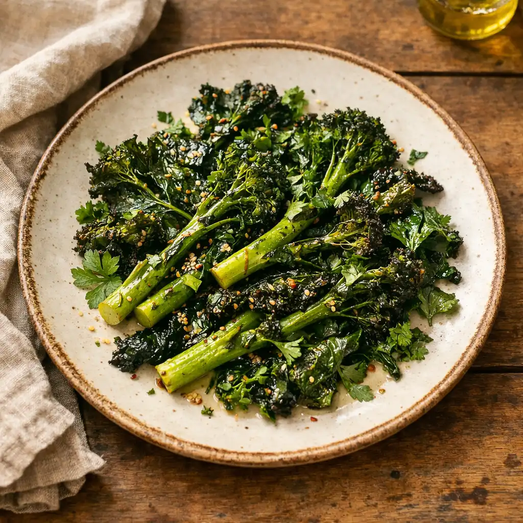 Plate of charred seasonal greens with herbs