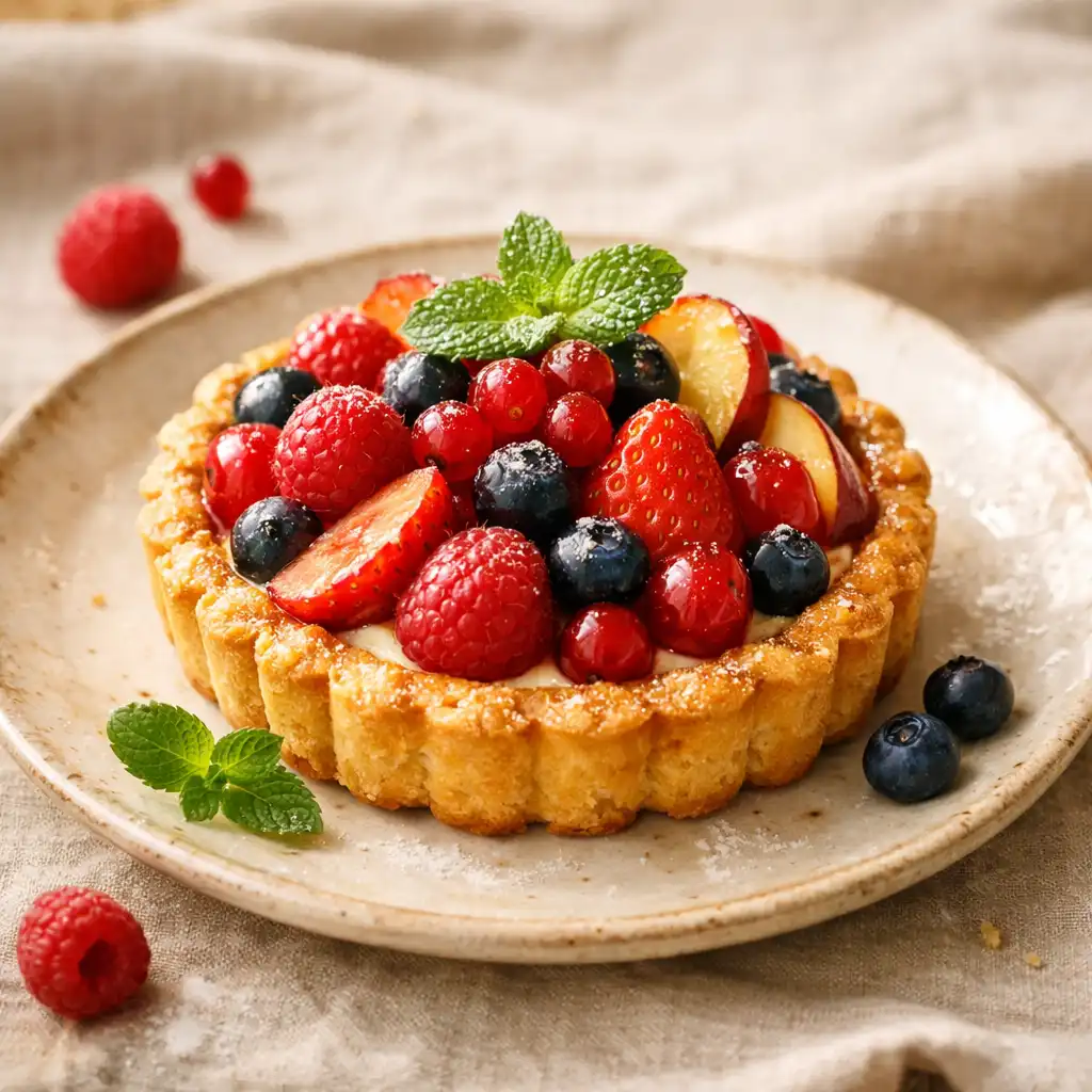 Seasonal fruit tart with a golden crust