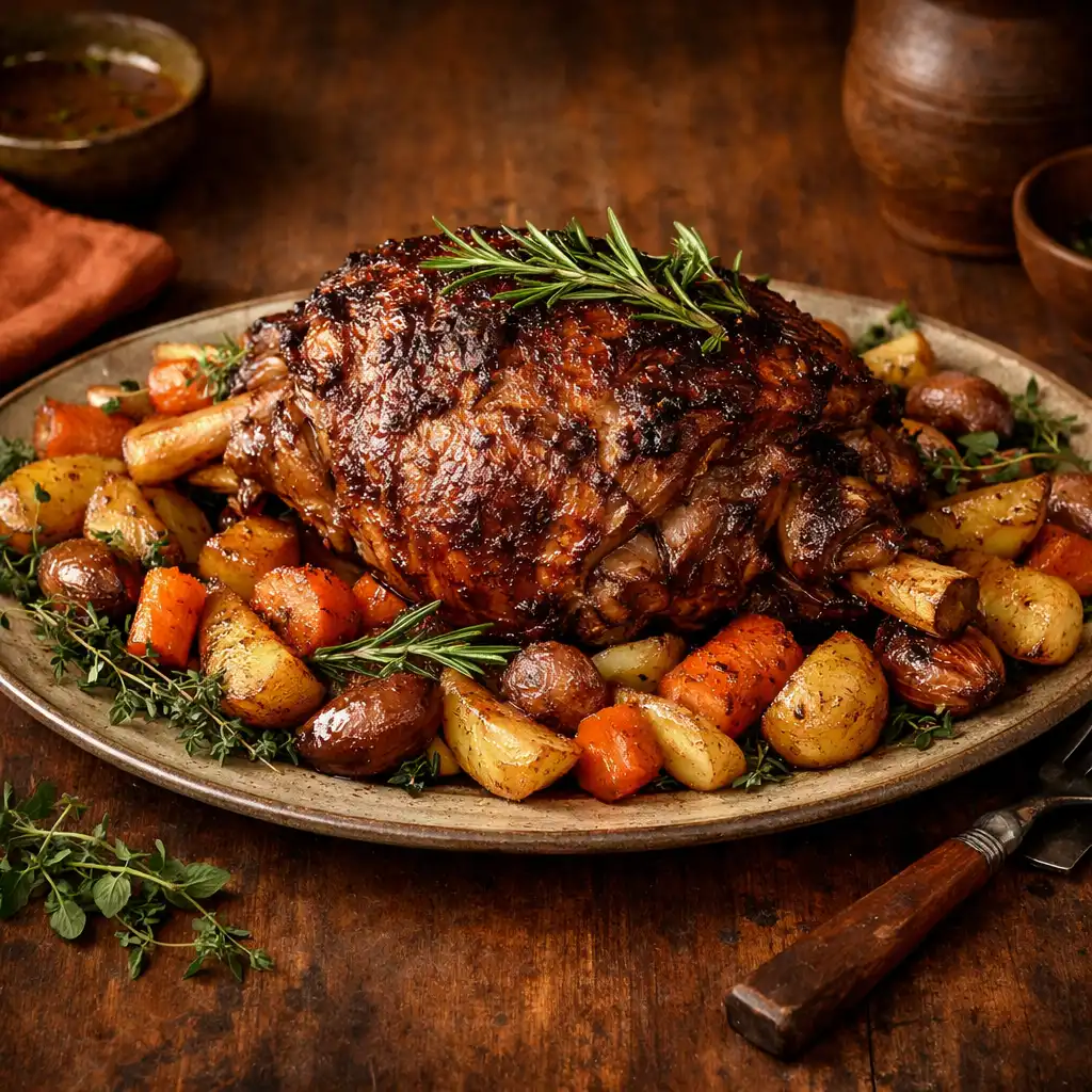 Slow-roasted lamb shoulder with roasted vegetables
