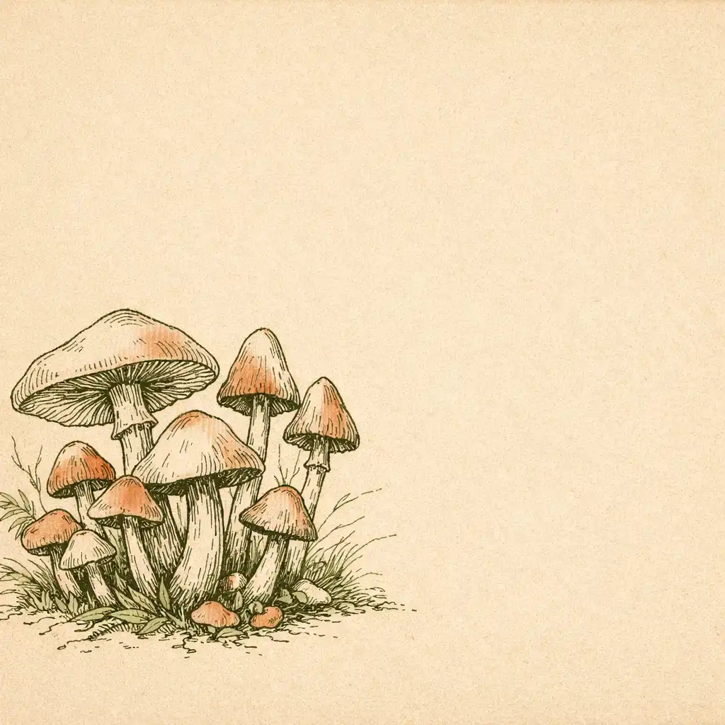 Botanical line drawing of a cluster of wild mushrooms