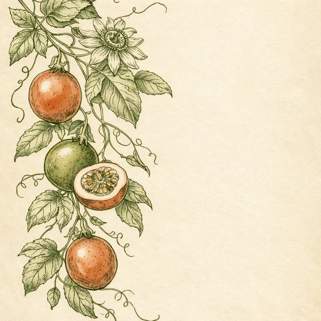 Botanical line drawing of a passionfruit vine with fruit and leaves