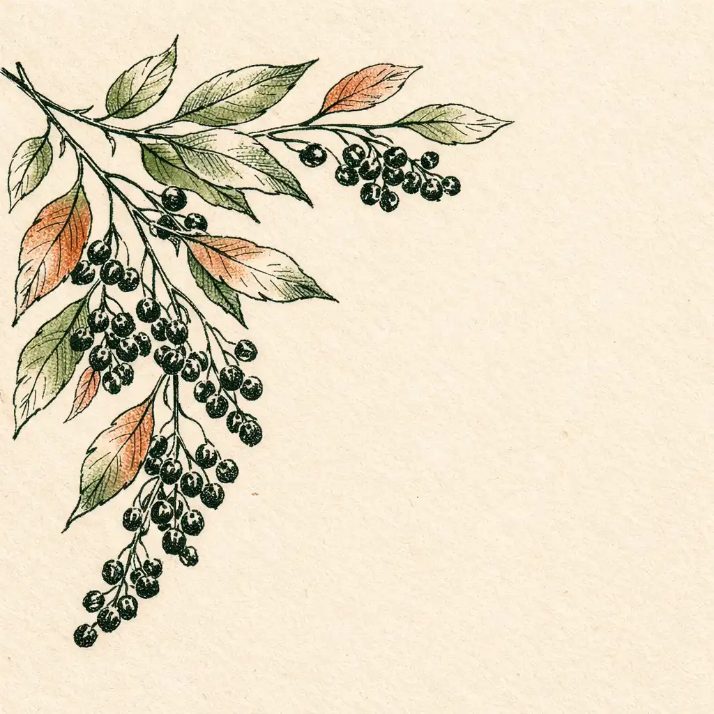 Botanical line drawing of a pepperberry branch with small dark berries and leaves