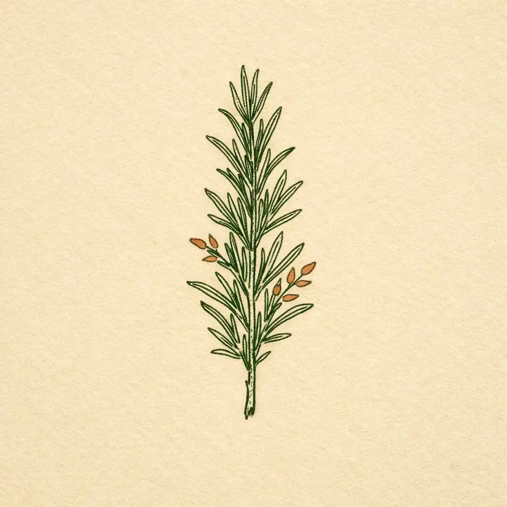 Decorative botanical line drawing of a rosemary sprig