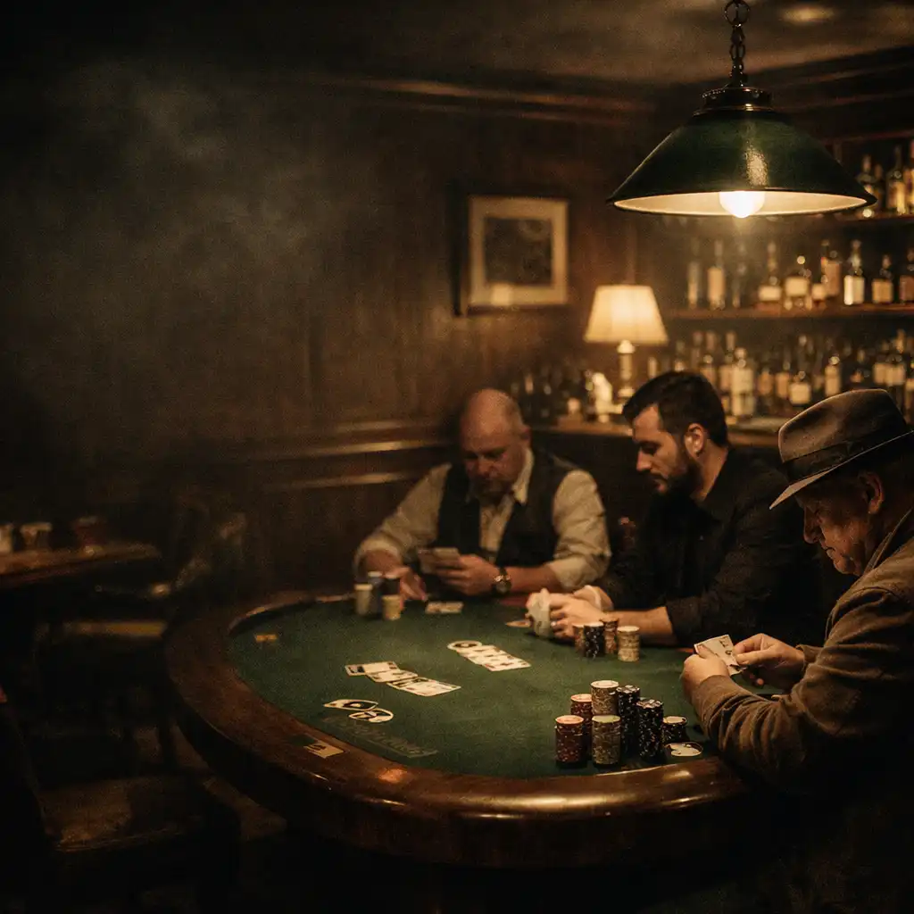 Moody poker lounge with wood-paneled walls, green felt tables, and focused players