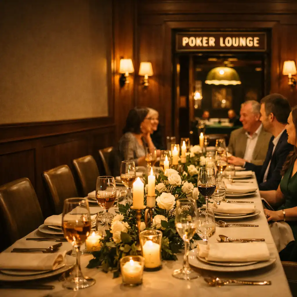 Private dining room set for a special occasion with candles, flowers, and place settings