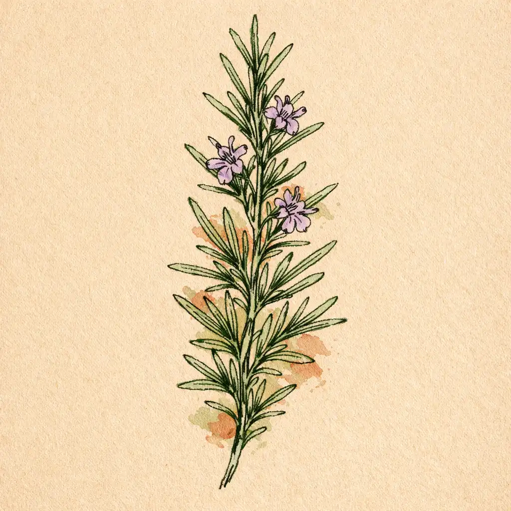 Botanical line drawing of a rosemary sprig with needle-like leaves and small purple flowers