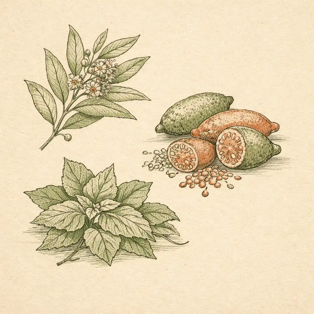 Botanical line drawing of seasonal Australian produce including lemon myrtle leaves, finger limes, and warrigal greens