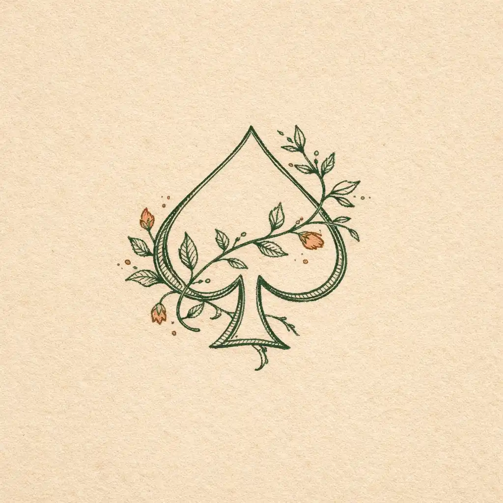 Decorative botanical line drawing of a playing card spade intertwined with a vine