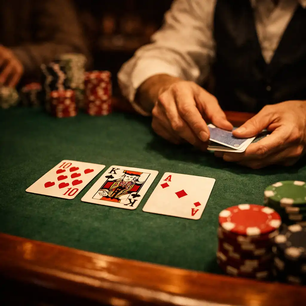 Close-up of a Texas Hold'em tournament table with cards, chips, and a dealer's hand