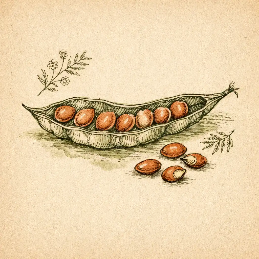 Botanical line drawing of a wattleseed pod and seeds